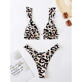 SHEIN Leopard Sexig Bikini Set High Cut Multifärgad Spaghetti Veckad Remsa